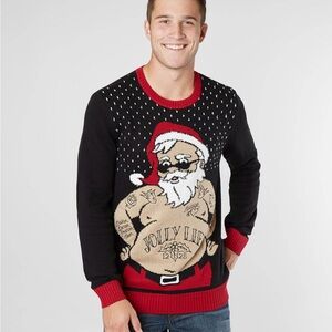 Ugly Christmas Sweater Black and Red Jolly Tattooed Santa Crewneck